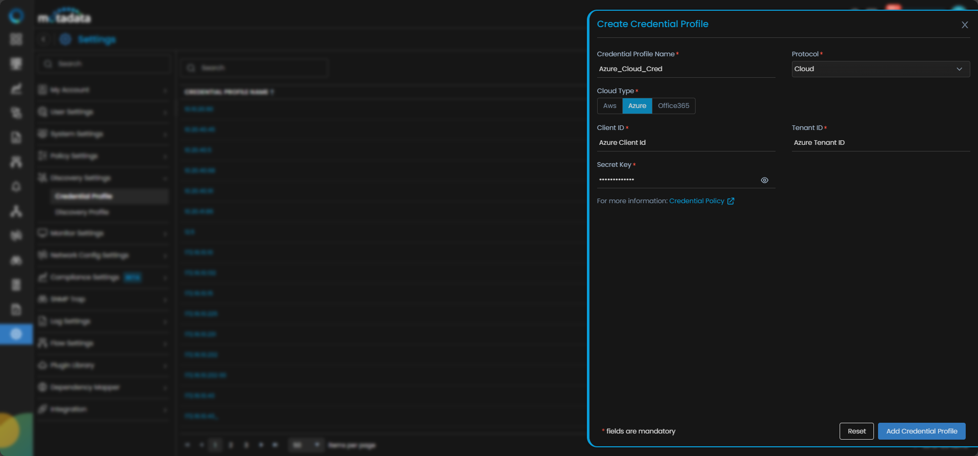 Create Credential Profile form with Cloud protocol and Azure tab selected